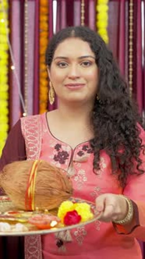 Vidéo verticale d'une heureuse Indienne faisant du Puja ou de l'Arti au festival de Diwali