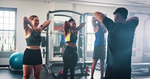 Fitness, personal trainer and people with weight in gym for group training with arm workout