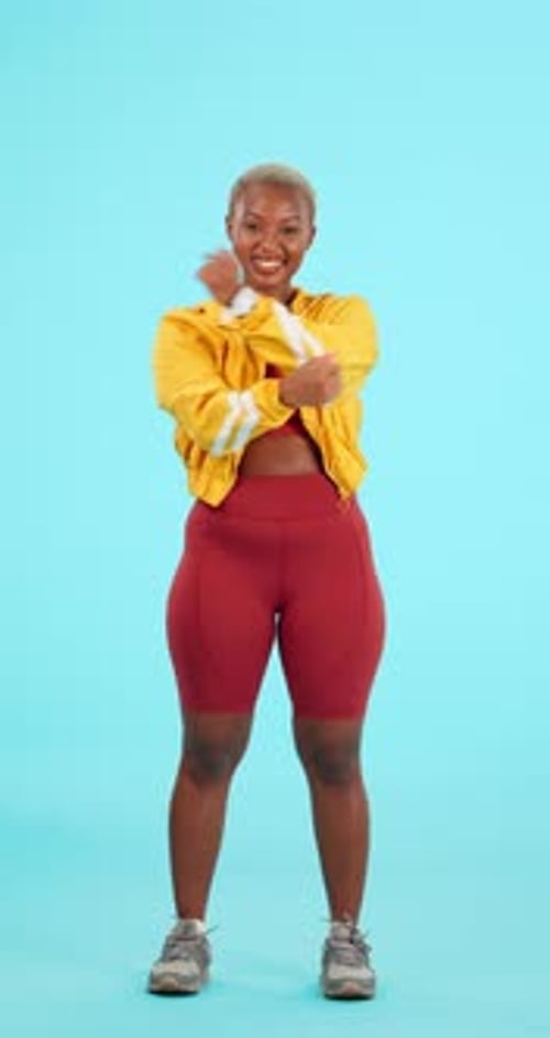 Stretching, fitness and black woman in studio for wellness, warm up and strong body for healthy