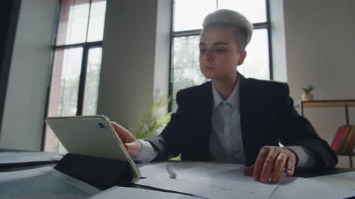 Concept of Productive Business Lady in Office Businesswoman Makes Conclusion Woman Updates