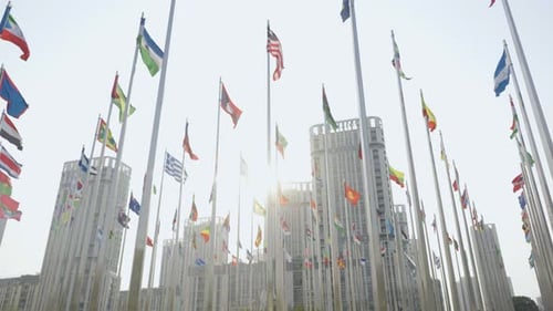 International Flags Waving Proudly in Urban Setting
