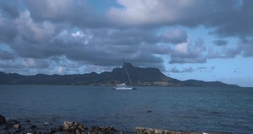 Catamaran On The Background Of Mountain Landscapes In Maheburg