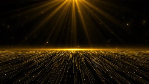 Stage opening golden stage glitter animation, spotlights light rays luxury gold light streak. Partic