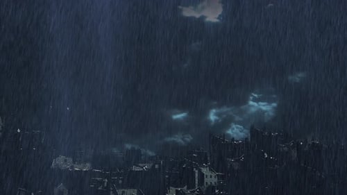 Apocalyptic Ruined City in Heavy Rain at Night