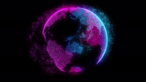 Futuristic Rotating Earth Globe of Neon Digital Particles