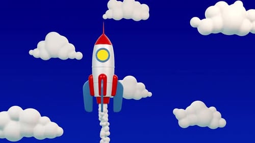 Cartoon-3D-Rakete fliegt zwischen den Wolken in den Himmel