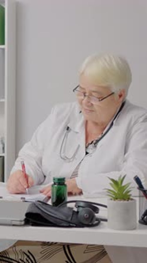 Vertical Screen Female Family Doctor is Writing Down Child Medical Issues in a Health Clinic.