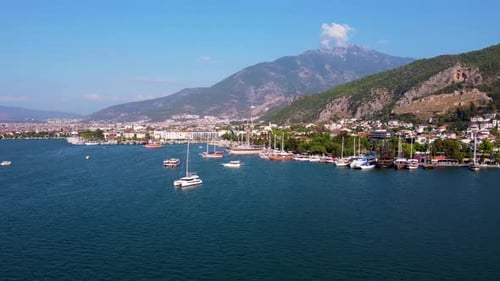 Aerial view of ships in the harbor in Fethiye town center 4K