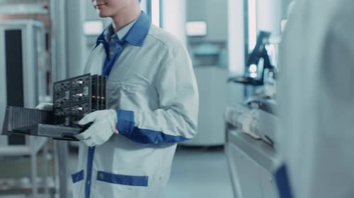 In einer High-Tech-Fabrik transportiert ein asiatischer Arbeiter eine Charge mit einer Elektronisch Leiterplatte, die mit zusammengebaut ist