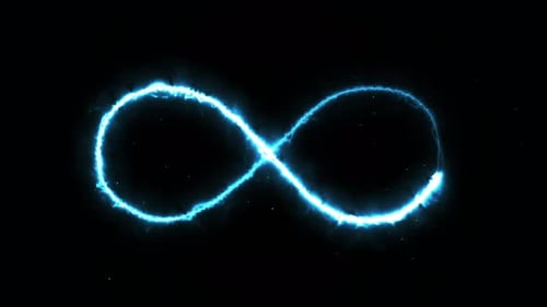 Leuchtendes blaues Unendlichkeitssymbol Elektrische Energie Plasmalicht Endloser Zyklus abstrakte Kunst Dunkler Hintergrund