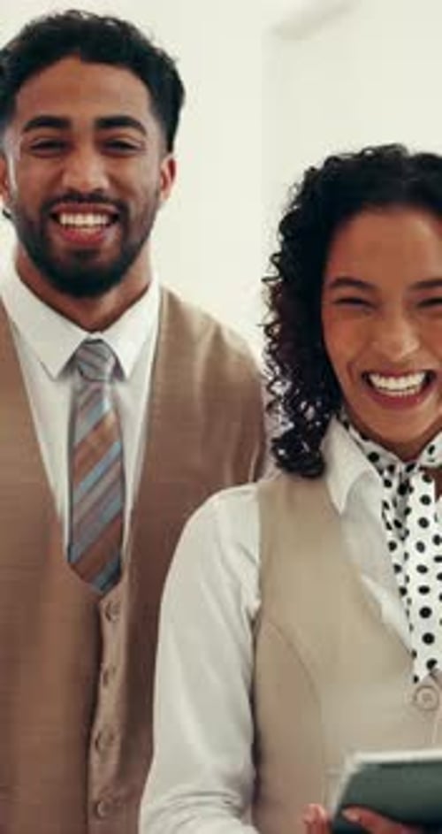 Smile, face and concierge with people in hotel for hospitality, support and booking assistance