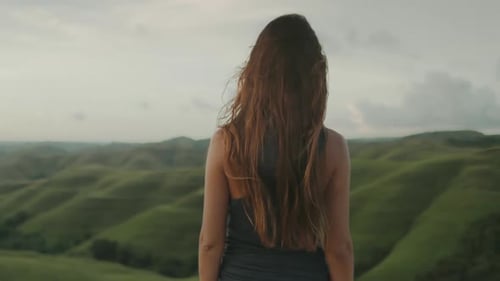 Woman Look at Green Hills Meadow Nature Landscape