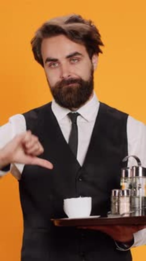 Vertical Video Restaurant Employee Shows Dislike Symbol