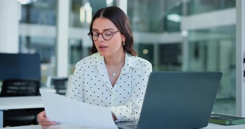 Laptop, typing or businesswoman with document in office, statement audit