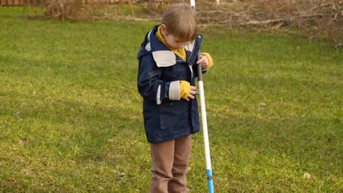 Boy Raking Up Autumn Leaves at the Home Backyard Fall Season Seasonal Garden Yard Work Outside Busy