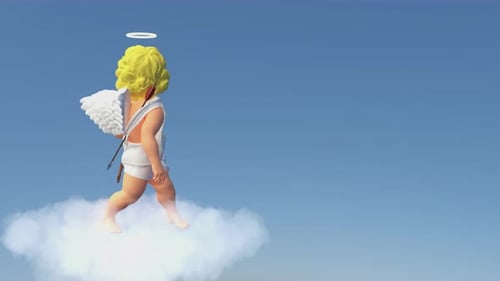 Funny Angel Cupid with Wings Dancing on a Cloud