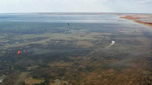 People go kitesurfing on the sea. The wind carries the athlete along the sea waves.