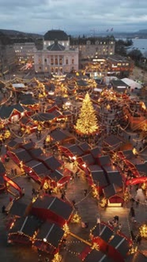Zurich, Switzerland Aerial view of the Zurich Christmas Market, the Weinachsdorf