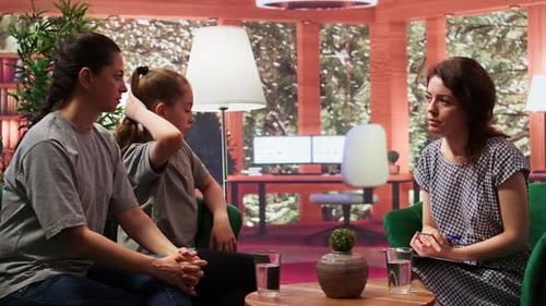 Un terapeuta familiar ofrece apoyo y asesoramiento a una adolescente con problemas y a su madre