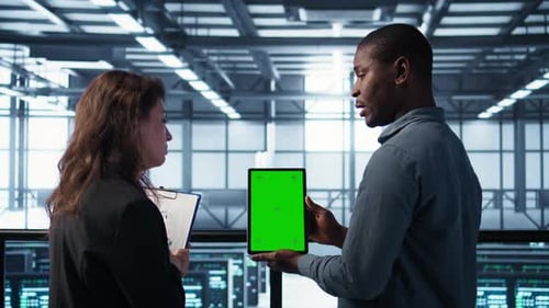 Server Room Data Scientists Using Mockup Tablet Conducting Security Audits