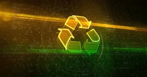 Futuristic Glowing Recycling Symbol with Digital Binary Code Background