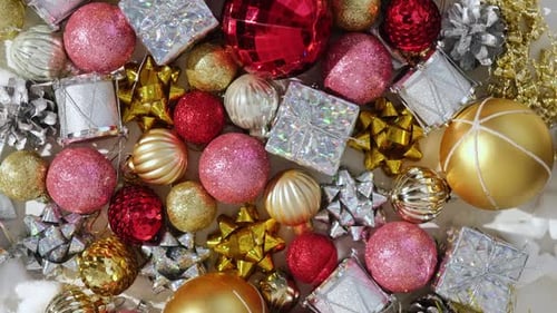 Christmas Ornaments Background Rotation Spinning Close Up a Glitter Christmas Tree Decoration Items