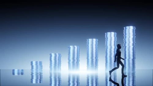 silhouette man walk pass graph and rows of money coins