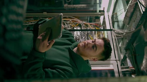 Hacker oder Techniker im Rechenzentrum, die ein Tablet in der Hand halten, stiehlt Software oder überprüft Informationen vom Server