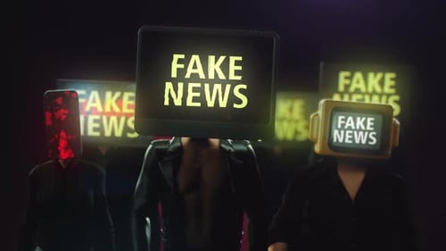 animation of a group of people with monitors instead of heads with the inscription fake news