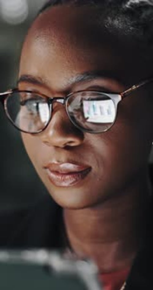 Night, glasses and black woman with tablet in office for data analysis, report