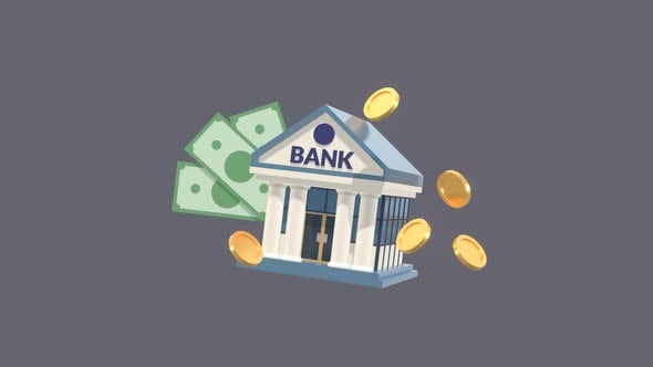 3D Animated Bank Building with Floating Money and Gold Coins, Elements ...