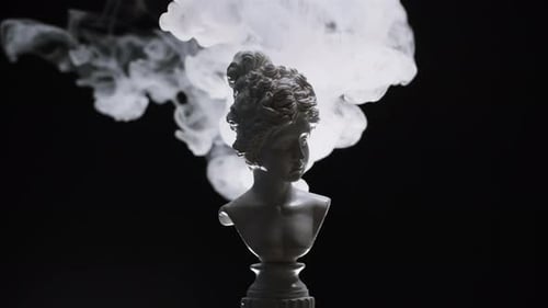 White Statue Sculpture on Black Background in Smoke Smoking Fog Vapour Texture Closeup