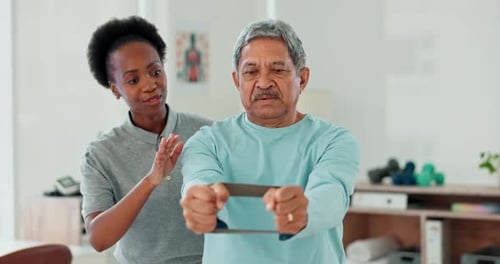 Resistance band, physical therapy and senior man in clinic for consultation with muscle recovery