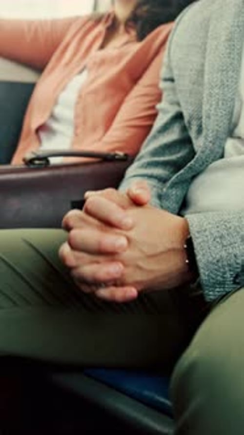 Nervous, hands and business person in bus for commute, public transportation