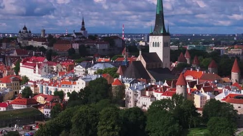 Aerial Cinematic Footage of St Olafs Church and Surrounding Historic Houses in Old Town District