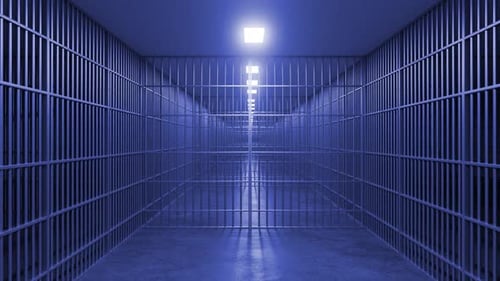 Prison cell door opening, revealing empty corridor