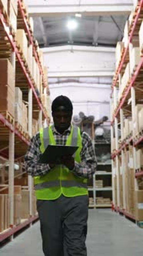 Warehouse Worker Conducting Inventory with Clipboard