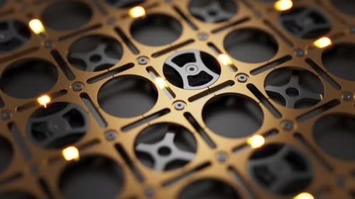 Looping animation of metallic geometric shapes using glowing neon objects.