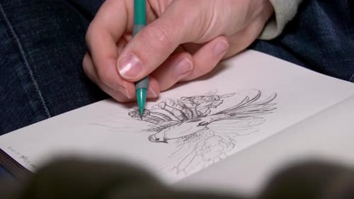 Person sketching with a green pencil on a white paper. Close up shot