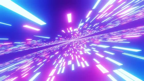 Bright Blue and Pink Data Highway Tunnel with Lights into Distance, 3D Graphic