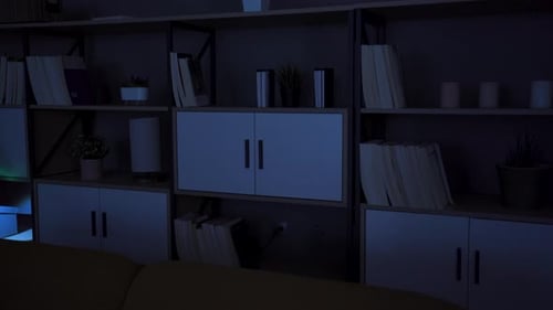 Man With Flashlight Searching Bookshelf in Dark Home