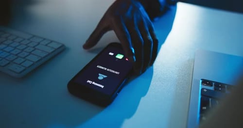 Phone screen, hands and business person with incoming call in dark office with private contact