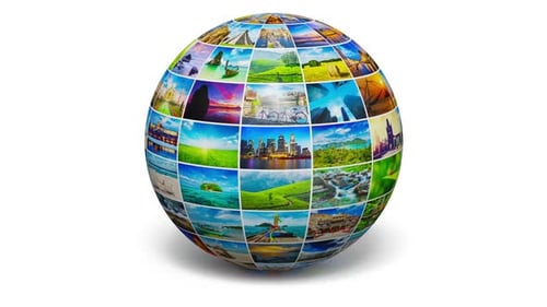 Rotating Picture Sphere with Travel Images Isolated on White