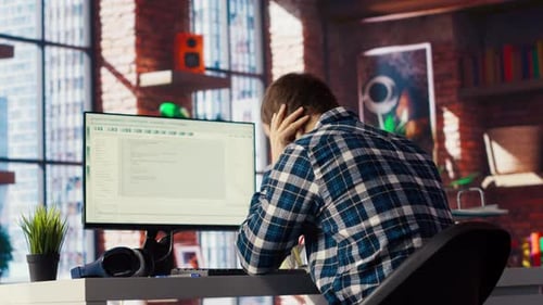 Desarrollador de software en una computadora esperando a que el Código termine de compilar Yawning