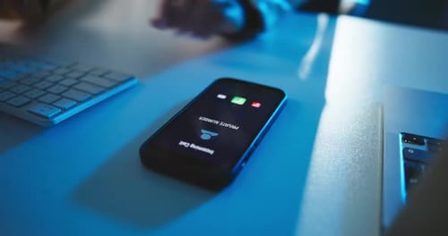 Phone screen, hands and business woman with incoming call in office with private number