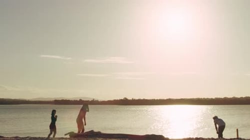 Friends Playing Cricket on the Beach in Silhouette with Lake and Sun