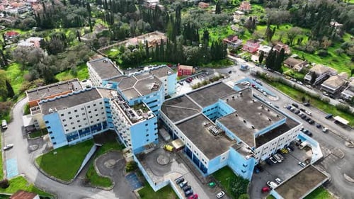 Close Up Aerial Drone Shot of General Hospital of Corfu Greece Rooftop