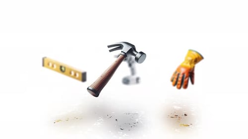 Animated rotation of scales, drill, hammer and glove. Sales show of hardware tools.