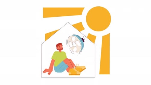 Man Cooling Off Indoors with Fan on Hot Day