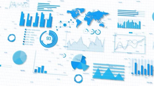 3D Animation of Graphs Charts Globe Map Background Corporate Business Financial Investment HUD
